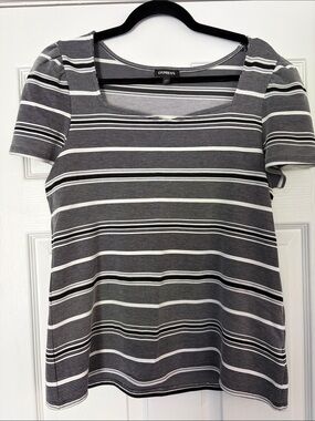 Express Gray & White Striped Square-Neck Short Sleeve Top